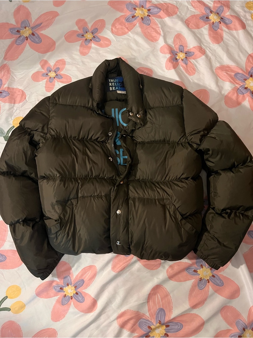 True Religion Dark GREEN Puffer Jacket with Blue Logo